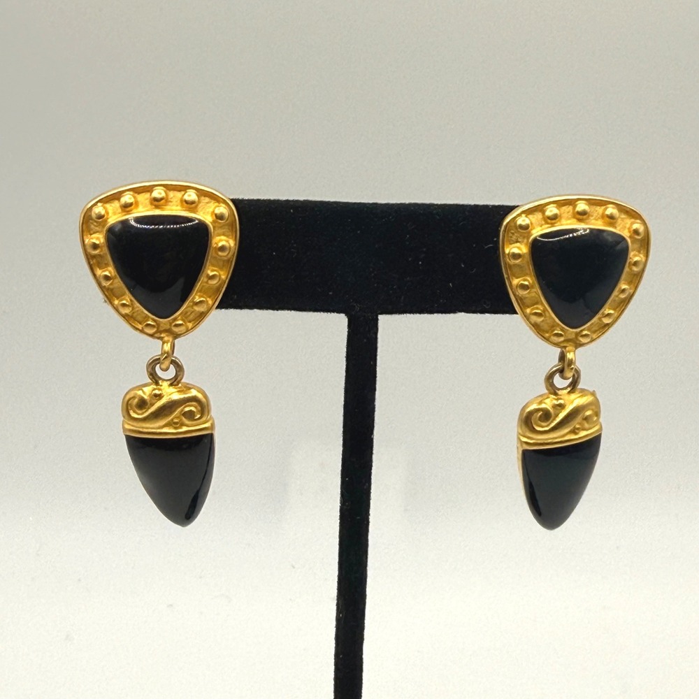 Vintage Gold Tone Black Enamel Triangle Dangle Drop Pierced Earrings